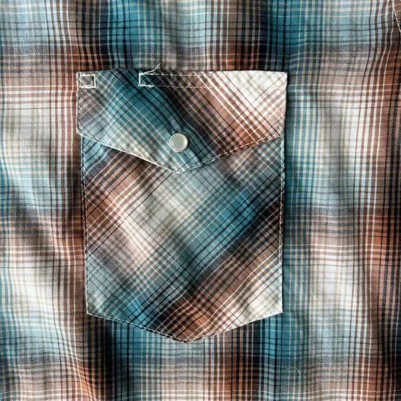 Wrangler Western Short Sleeve‎ Pearl Snap Shirt Cream / Blue / Brown Men's 2XL - Picture 6 of 6